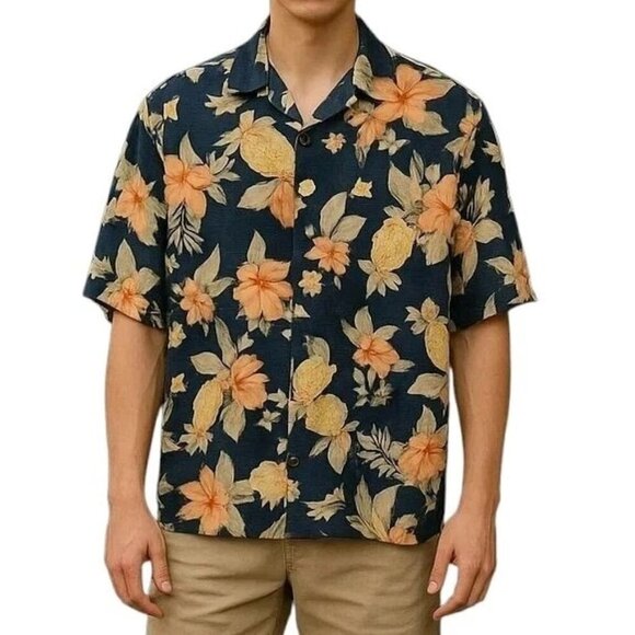 Tommy Bahama Silk Shirt Men Size M Pineapples Flowers Short Sleeve Button Front - Picture 12 of 12